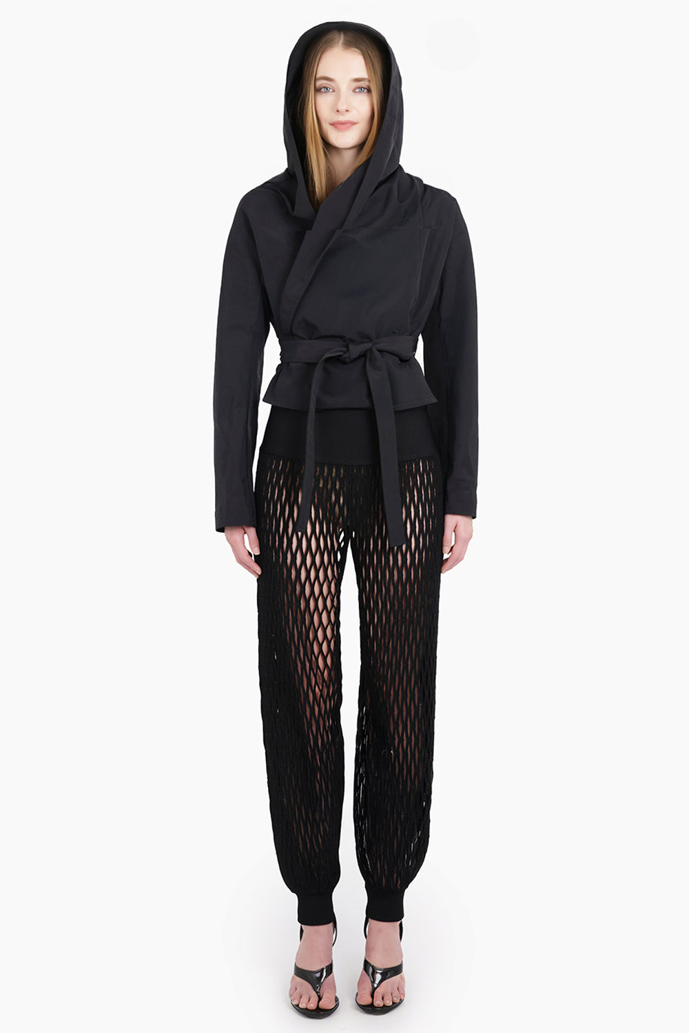 Hooded L/S Tie Waist Biker Jacket | Black