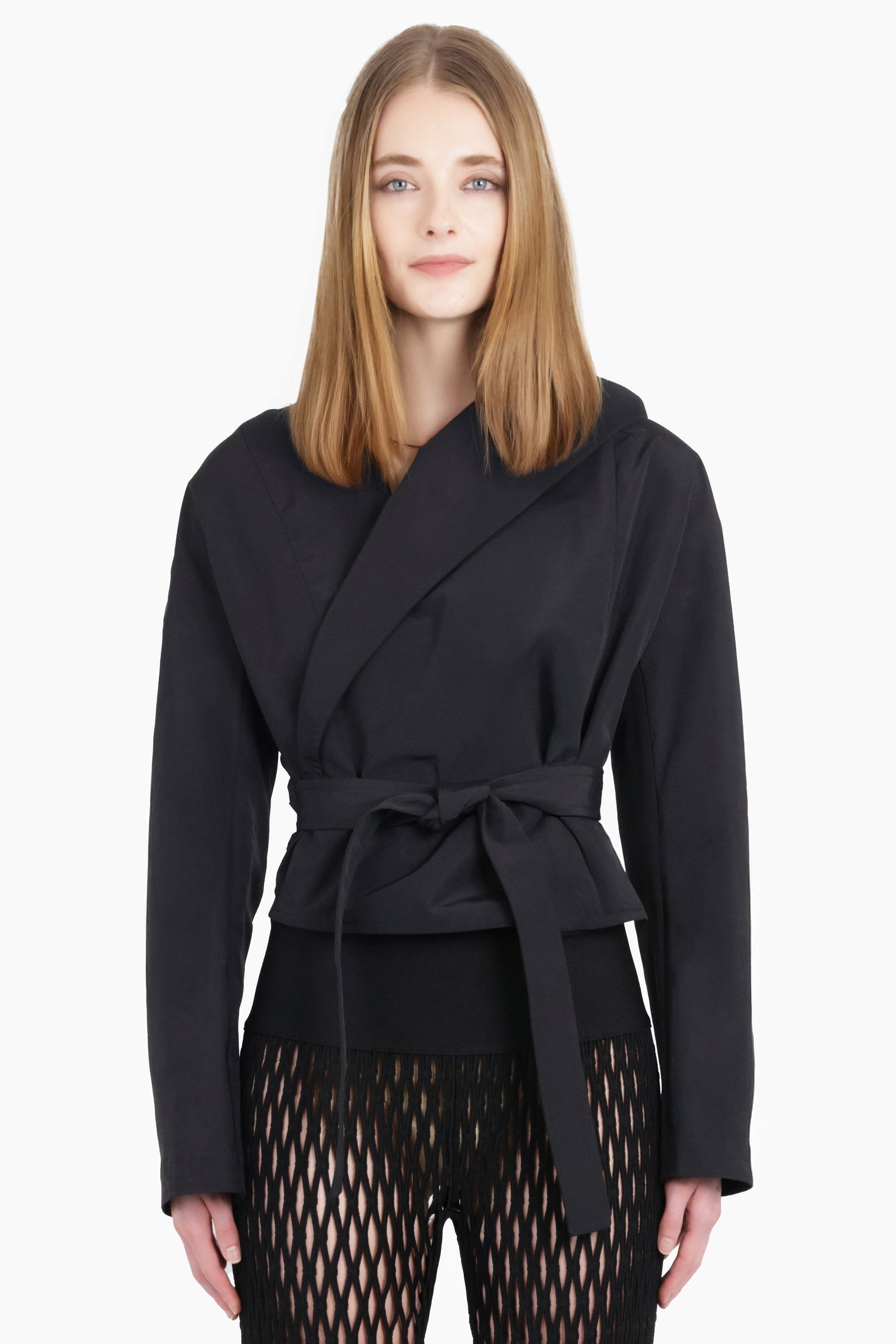 Hooded L/S Tie Waist Biker Jacket | Black